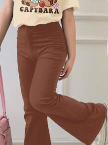 SHEIN Leap Crew 2pcs Tween Girls Casual Loose Capybara Print Short Sleeve T-Shirt & Flare Pants Set, Suitable For Summer