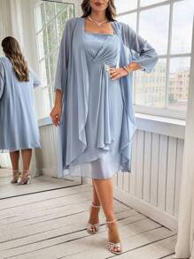 Ellevyn Plus Size Elegant And RomanticChiffon Two Pieces Set: Summer Elegant Flowing Chiffon Coat And Multi-Layered Ruffled Chiffon Waist Rhinestone Decoration Dress Spring/Summer Outfits For Women - Baby Blue - View 4