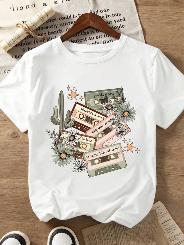 Flirla Tricou pentru femei cu guler rotund, cu imprimeu retro audio cu bandă și cactus floral