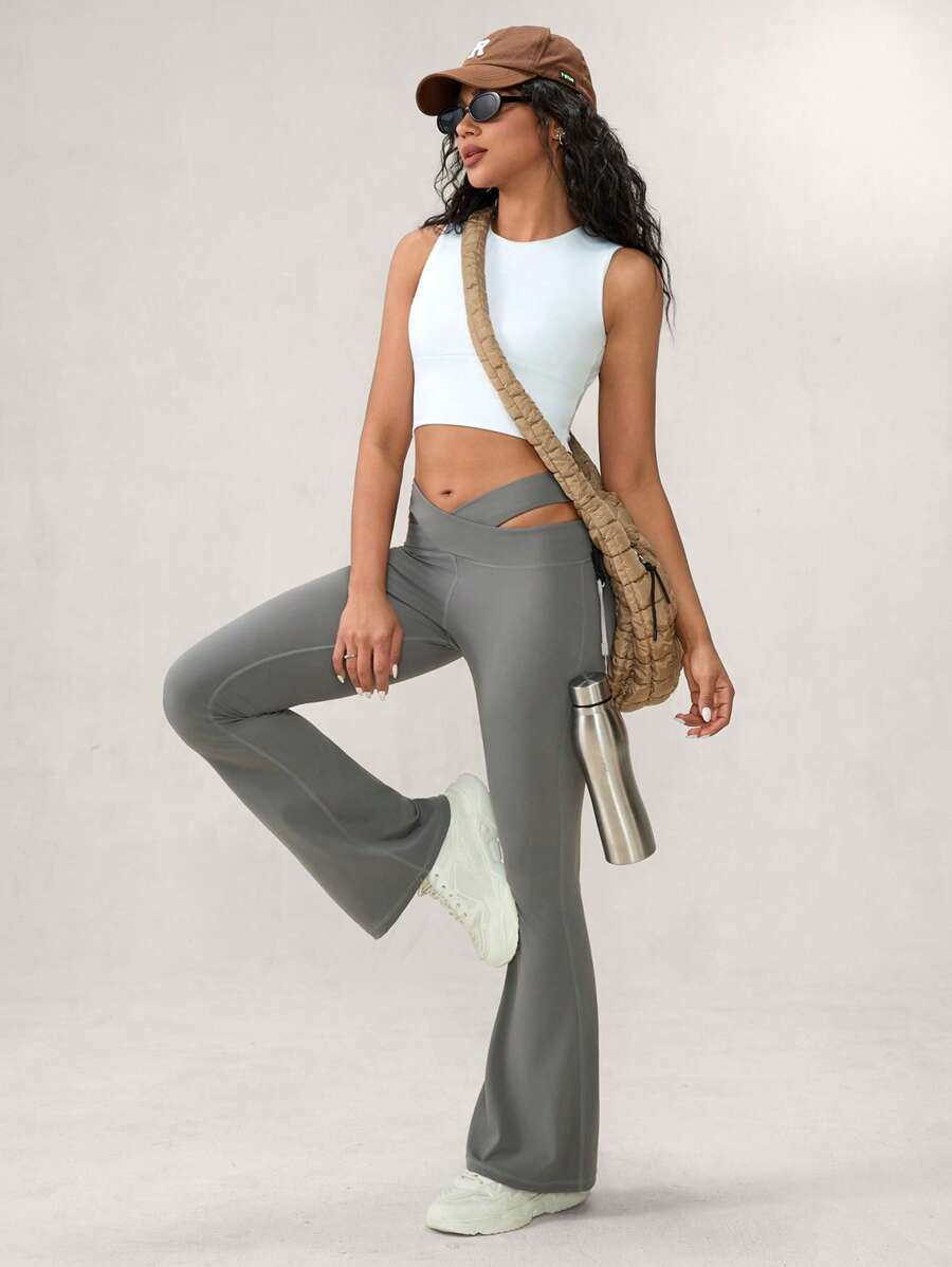 Hanevo Women Solid Color Casual Exercise Outdoor Sports Yoga Flare Pants Sportwear Legging For Daily Wear Fall Cloth For Women