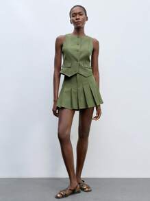 Maija 2件套女士单排扣背心和百褶迷你裙套装，夏季 - 軍綠色 - 查看 1