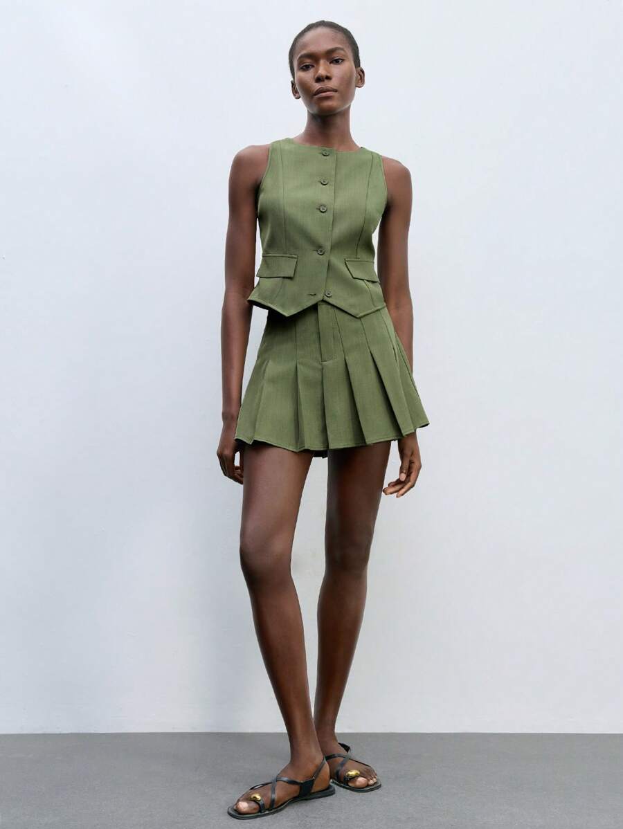 Maija 2件套女士单排扣背心和百褶迷你裙套装，夏季 - 軍綠色 - 查看 1