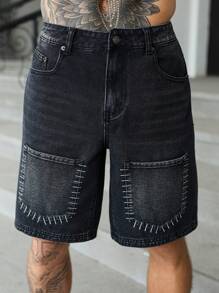 Manfinity Homme Men's Loose Bermuda Denim Cargo Shorts With Pockets, Casual - Black - View 3