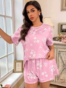 CottageSlumber Floral Print Round Neck Short Sleeve Top & Shorts Pajama Set, Plus Size, Outfits - Baby Pink - View 1