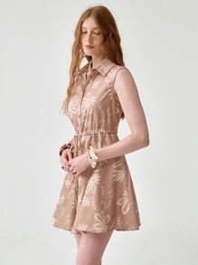 Florisole Mono elegante de mujer con cuello de camisa, bordado floral, estampado digital, sin mangas, cintura con cordón y bajo con volantes, de largo medio, para el verano