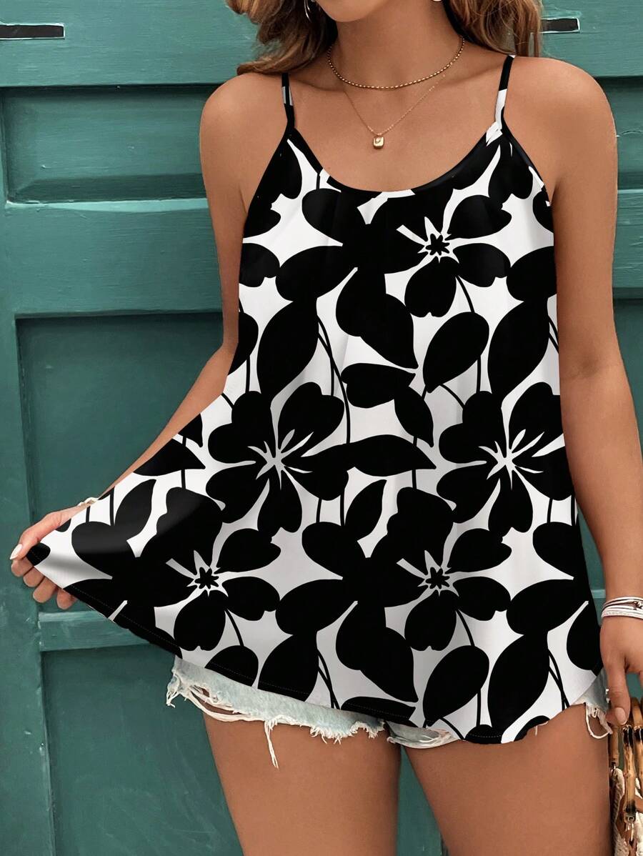 SHEIN Clasi VCAY 简约廓形印花休闲优雅大码吊带背心/上衣，适合夏季外出穿着