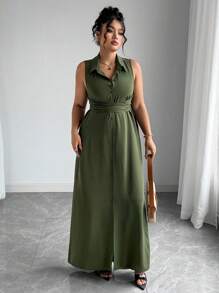 Elenzga Plus Size Women's Spring/Summer French Style Sophisticated Elegant Minimalist High-End Commuting Office Casual Vacation Afternoon Tea Solid Color Shirt Collar Open Front Button Closure Waist Crossed Tie 2 In 1 Sleeveless Shirt Dress Mid-Length Maxi Dress