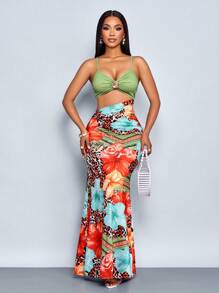 SOLERSUN Women's Summer Vacation Style Leopard Flowers Tropical Print Ruched Waist Cut Out Mermaid Maxi Dress (Random Floral) - Orange - View 4