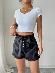 SHEIN Clasi Short à taille sac en papier à rayures noires et blanches, avec ceinture, large jambe, été casual pour femmes - Noir - Voir 5