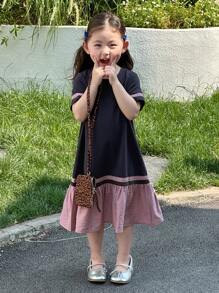 Dazy Kids Young Girl Summer Casual Colorblock Ruffle Hem Loose Dress - Black - View 8