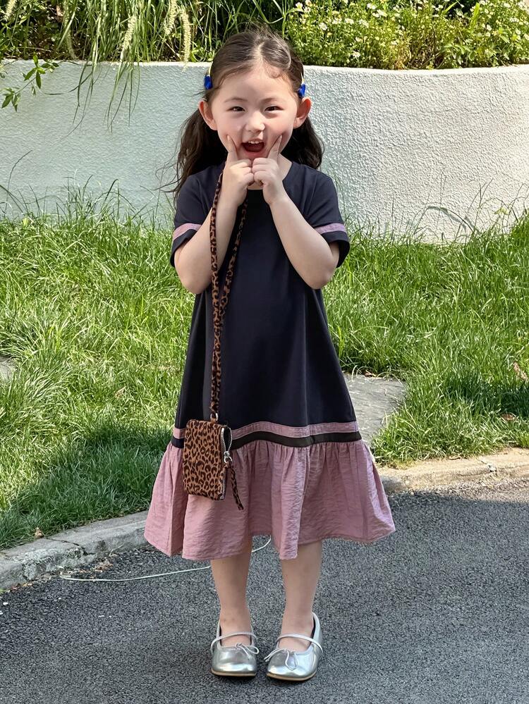 Young Girl Summer Casual Colorblock Ruffle Hem Loose Dress