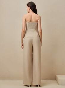 Anewsta Bộ đồ vest nữ áo crop top khóa kim loại bất đối xứng và quần ống rộng, màu be, hiện đại và tối giản - Màu be - Xem 2