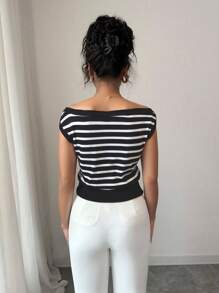 Selianne 女士时尚露肩条纹下摆收腰T恤，高弹力，夏季
