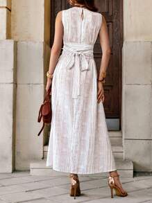Solivie 女式条纹印花腰无袖连衣裙，时尚休闲度假装复古外出上衣女式 - 彩色 - 查看 2