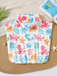 SHEIN Cute Beach Baby Boys Cartoon Print Loose Fit Hooded Flannel Cover-Up Swimsuit For Resort,Swimming Cover Up Toddler Sea Animal Clothes Towel Bath - Multicolor - View 2