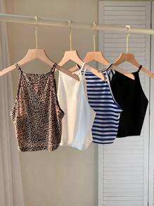 SHEIN EZwear 4 件套女士豹纹和条纹图案紧身休闲吊带背心，适合夏季 - 彩色 - 查看 2