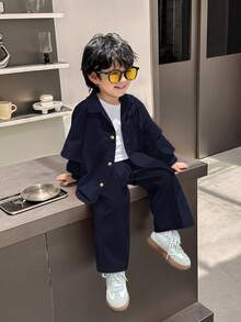 SHEIN 2pcs/Set Young Boys Summer Korean Style Casual Oversized Solid Color 2 In 1 Long Sleeve Pocket Shirt And Elastic Waist Straight Leg Pants Suit - Navy Blue - View 5
