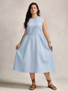 Zelara Plus Size Summer Striped Round Neck Sleeveless Ruched Casual Work Dress,Old Money Style Women - Blue and White - View 11