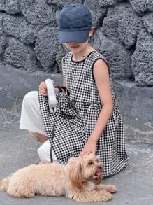 DAZY 2 件套青少年女童格子圆领无袖上衣和裤子套装，秋季时尚，返校服装 - 黑與白 - 查看 2