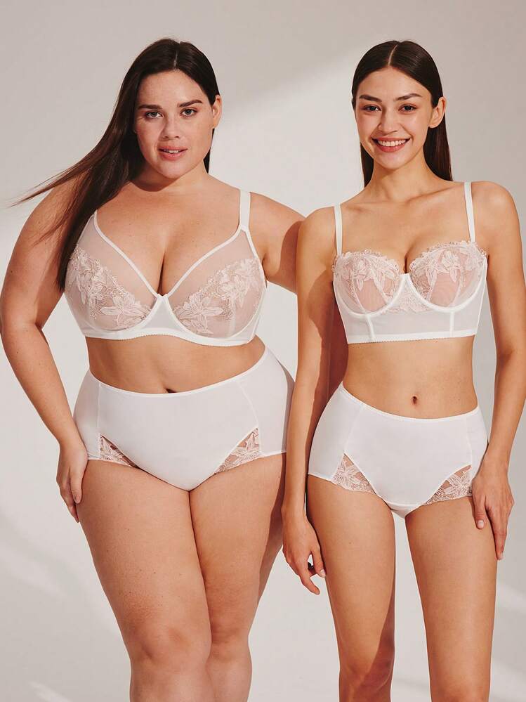 LUVLETTE 女士刺绣优雅内衣全罩杯聚拢透气钢圈性感无衬里网眼蕾丝文胸白色缩小胸罩新娘内衣 - 白色 - 查看 9