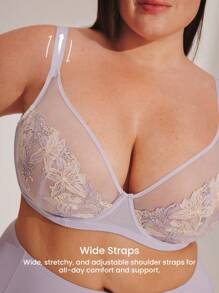 LUVLETTE Lencería para mujer plus size con sujetador sin relleno de malla y encaje, con aros, full coverage, push-up y transpirable, en color púrpura minimalista