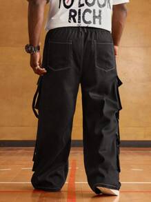 EASEVO 大码男士休闲宽松口袋撞色线长款黑色工装裤，外出时尚纯色长款宽松裤，适合老公、男朋友的礼物 - 黑色 - 查看 2