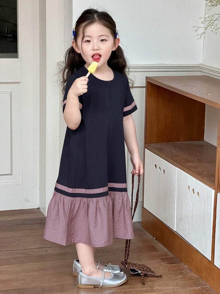Young Girl Summer Casual Colorblock Ruffle Hem Loose Dress