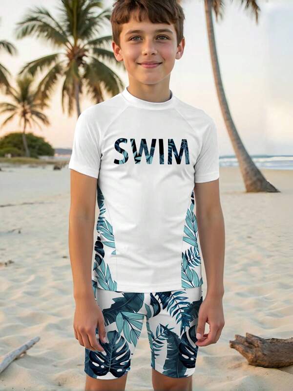 Tween Boy Casual Minimalist Round Neck "SWIM" Graphic Print, Fashion Coconut Tree Printed Short Sleeve Swim Trunks 2 Pieces Swimsuit Set, Suitable For Summer, Beach, Swimming, Surfing