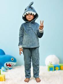 SHEIN 2 件装小男孩舒适羊毛连帽衫和裤子套装（灰蓝色）