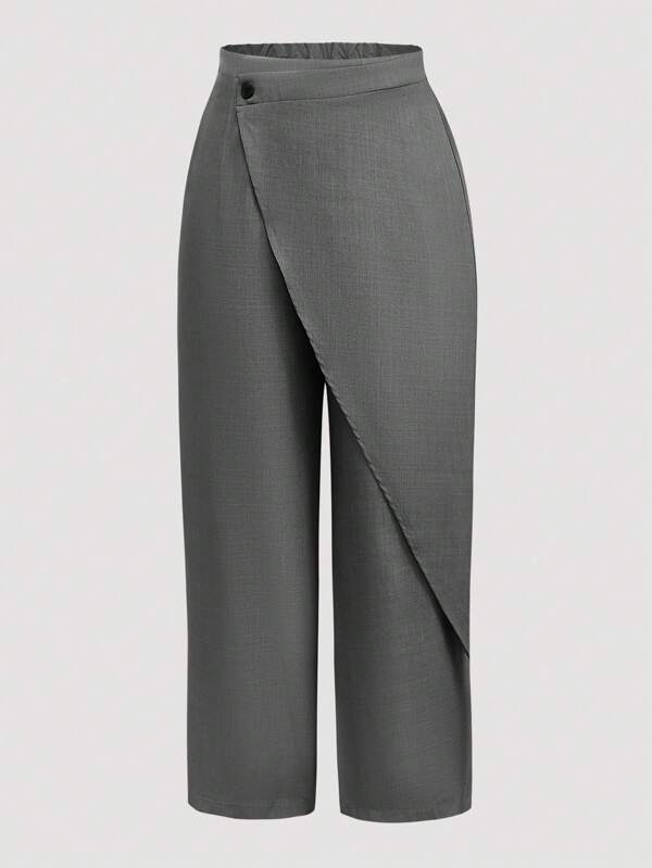 Modelyn Plus Size Asymmetrical Layered Button Embellished Long Pants, Grey