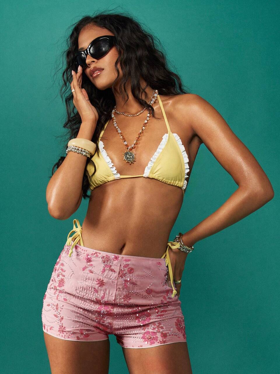 MISSGUIDED Summer Festival Embroidered Floral High Waist Stretchy Booty Shorts With Side Ties Beach Party Clubwear Dance Shorts