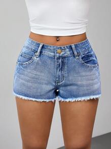SHEIN ICON Shorts vaqueros de mujer con botones y bordes deshilachados, de estilo casual y veraniego
