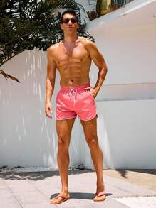 Surfspeed 男士撞色边饰休闲沙滩短裤，夏威夷男士沙滩装男士泳裤沙滩装 - 西瓜粉 - 查看 4