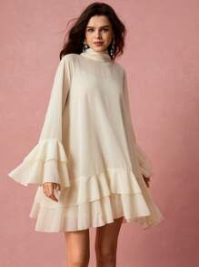 Enchnt 女式纯色喇叭袖蝴蝶结荷叶边下摆优雅连衣裙 - 杏色 - 查看 3