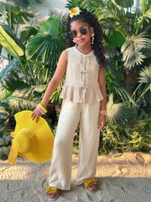 青少年女孩纹理梭织面料系带蝴蝶结无袖衬衫和阔腿裤两件套 - 杏色 - 查看 3
