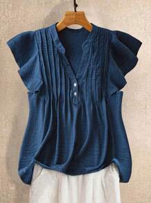 Linhara Plus Size Women's LUNE Plus Size Casual Vacation Shirt With Button Decor - Blue - View 4