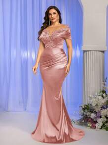 SHEIN Belle Dusty Pink,Spring,Elegant,Formal,Evening,Prom Plus Size Embroidered Lace Applique Sheer Long Sleeve Off Shoulder Stretch Satin Mermaid Maxi Dress - Dusty Pink - View 3