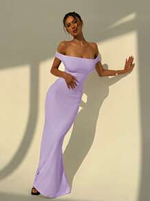 Aloruh White Wedding Season Backless Ruched Sexy Off Shoulder Bodycon Dress For Women - Purple - View 7