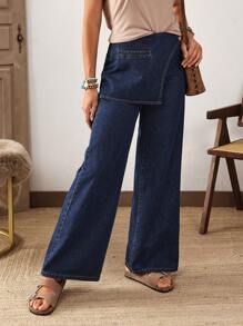 EMERY ROSE Jeans décontractés à jambes larges de mode croisé unicolore pour femmes - Bleu azur - Voir 5