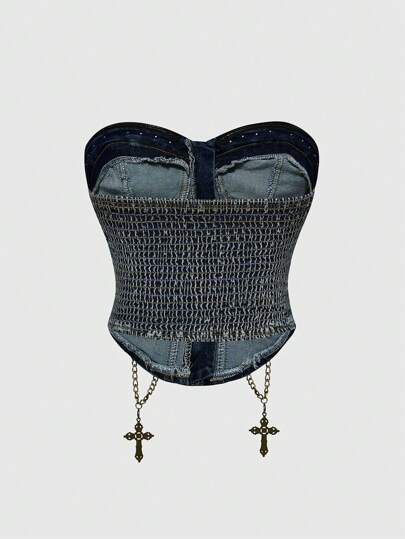 ROMWE Avant Gal-Style Distressed Vintage Washed Side Metal Cross Pendant Denim Bustier Crop Top