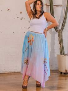 Aralina Plus Size Curve Printed Gradient Flowing Spliced Asymmetrical Hem Vacation Women Maxi Skirt - Multicolor - View 4