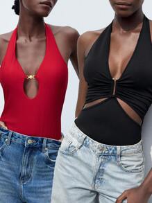 Maija 2025 New Summer Slim Fit Bodysuit, Versatile Casual Bodysuit For Vacation, Beachwear, Daily Commute, Fashionable & Minimalist - Burgundy - View 9