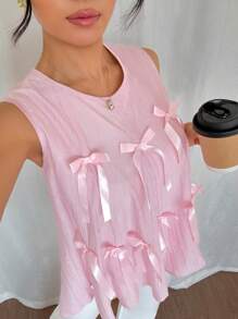 Chiquease Spliced ​​Bow Sweet And Cute Age-Reducing Ladies' Shirts Cute Summer Tops Ladies Short Pink Tops - Pink - View 6