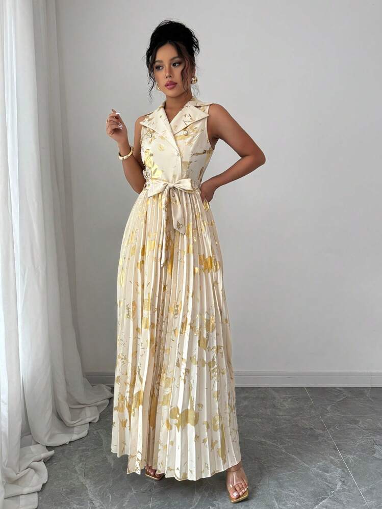 Chiquease Ladies Elegant Sleeveless Champagne Metallic Fabric Dress With Double-Breasted Pleated Collar, Women's Graceful Dress, Summer - Apricot - View 5