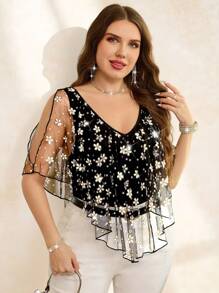 SHEIN Clasi قميص تي شيرت أنيق بطراز نقدي رجعي للعودة إلى المدرسة، مع رقعة زهرية، شبكي وتشطيب كشكش، طراز فرنسي فينتاج للسبعينات للعودة إلى المدرسة