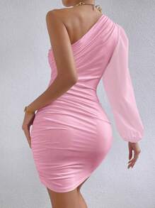 Firerie Elegant Solid Color Asymmetric Neck Ruched Fitted Lantern Sleeve Mini Dress