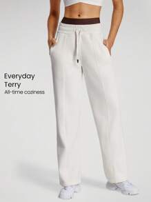GLOWMODE Everyday Terry Wide Leg Logo Waistband Drawstring Pocket Joggers Pants Fall Fall Winter - White - View 1