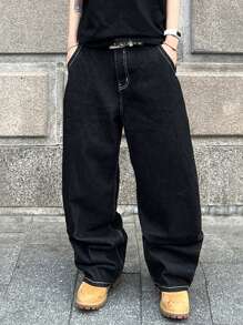 PAVTROS 男士字母印花口袋宽松阔腿休闲牛仔裤 - 黑色 - 查看 3