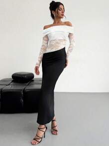 Firerie Vestido elegante y sexy de manga larga, con diseño minimalista y elegante, hombros descubiertos, textura de malla semi-transparente, drapeado y silueta ajustada, perfecto para el Día de San Valentín, Año Nuevo, citas