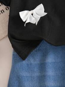 Girls Minimalist Black Short Sleeve T-Shirt & Denim Mini Skirt 2 Pieces Casual Set,3D Bow Decor Summer School Back-To-School Cowgirl Outfit - Multicolor - View 8